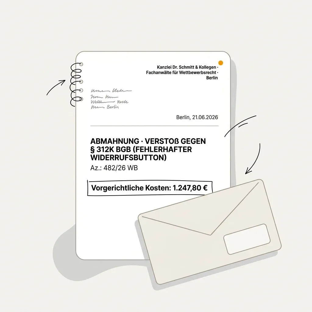 Abmahnung wegen fehlendem Widerrufsbutton 2026 — Briefkopf einer Anwaltskanzlei mit Aktenzeichen und vorgerichtlichen Kosten.