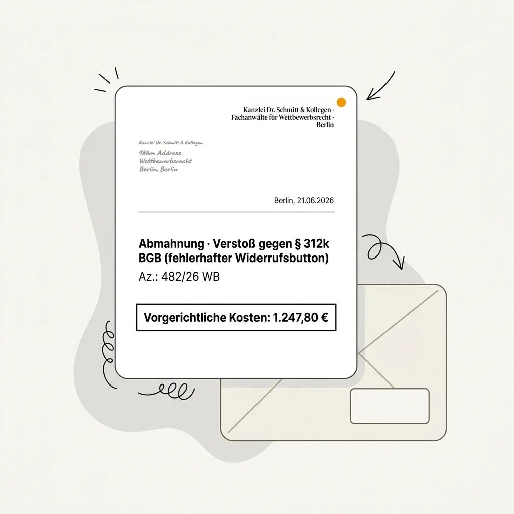 Illustration einer anwaltlichen Abmahnung wegen Verstoß gegen § 312k BGB: Briefkopf der Kanzlei, Betreff fehlerhafter Widerrufsbutton, Aktenzeichen und vorgerichtliche Kosten von 1.247,80 €.