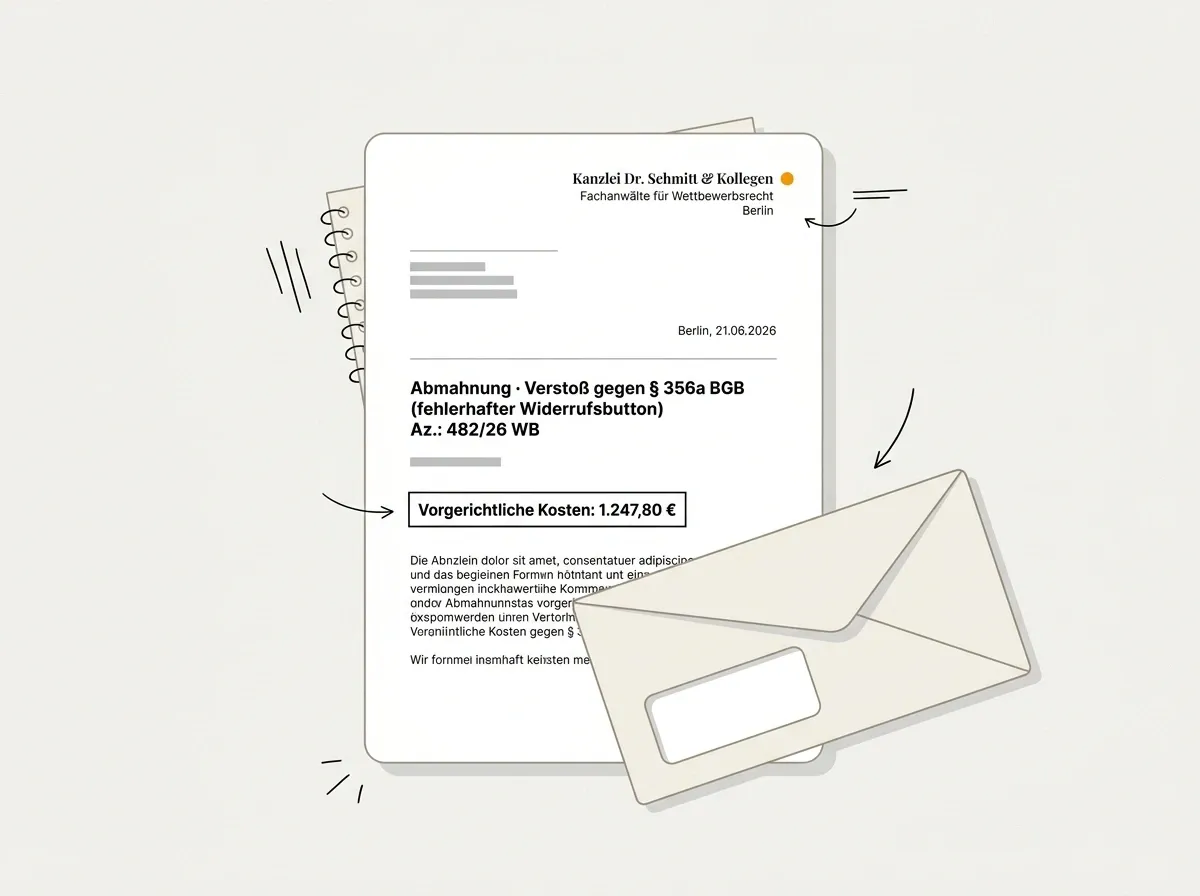 Illustration einer Abmahnung wegen Verstoß gegen § 356a BGB — Briefkopf einer Anwaltskanzlei, Betreff Widerrufsbutton, Aktenzeichen und vorgerichtliche Kosten.