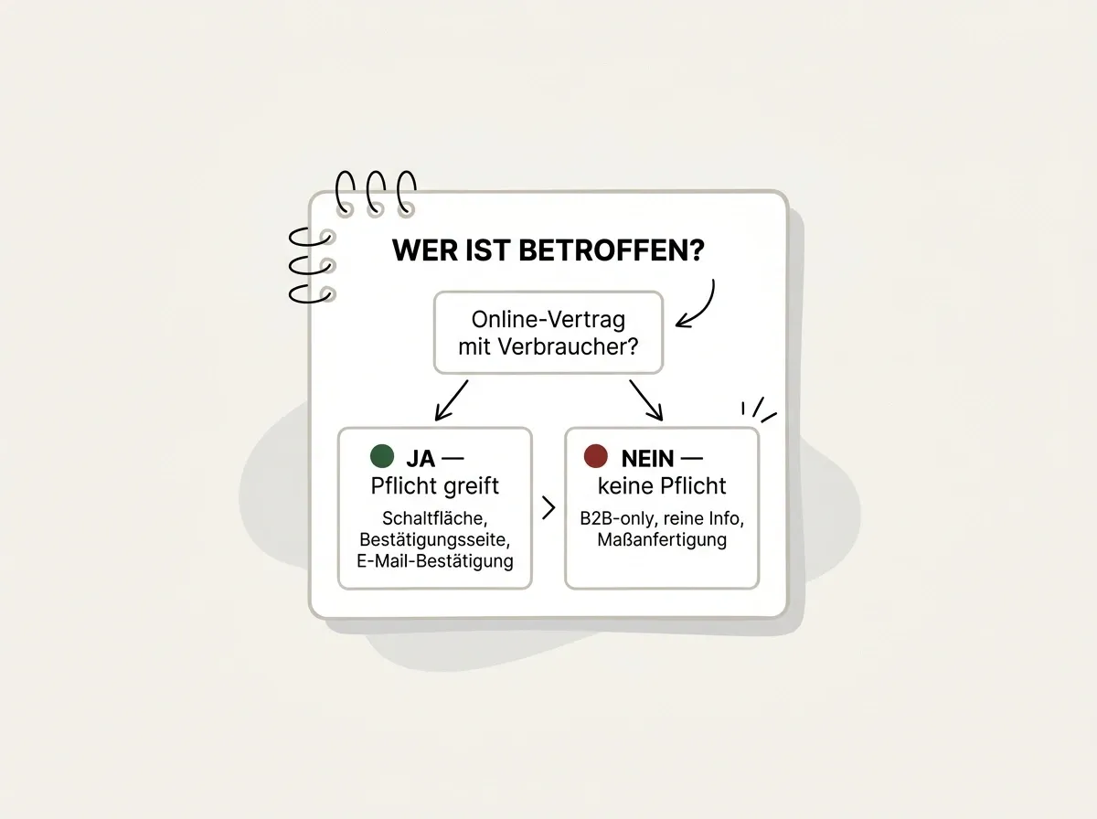 Entscheidungsdiagramm: Bin ich von § 356a BGB betroffen? Online-Verkauf an Verbraucher = Pflicht, B2B-only oder reine Info-Seite = keine Pflicht.