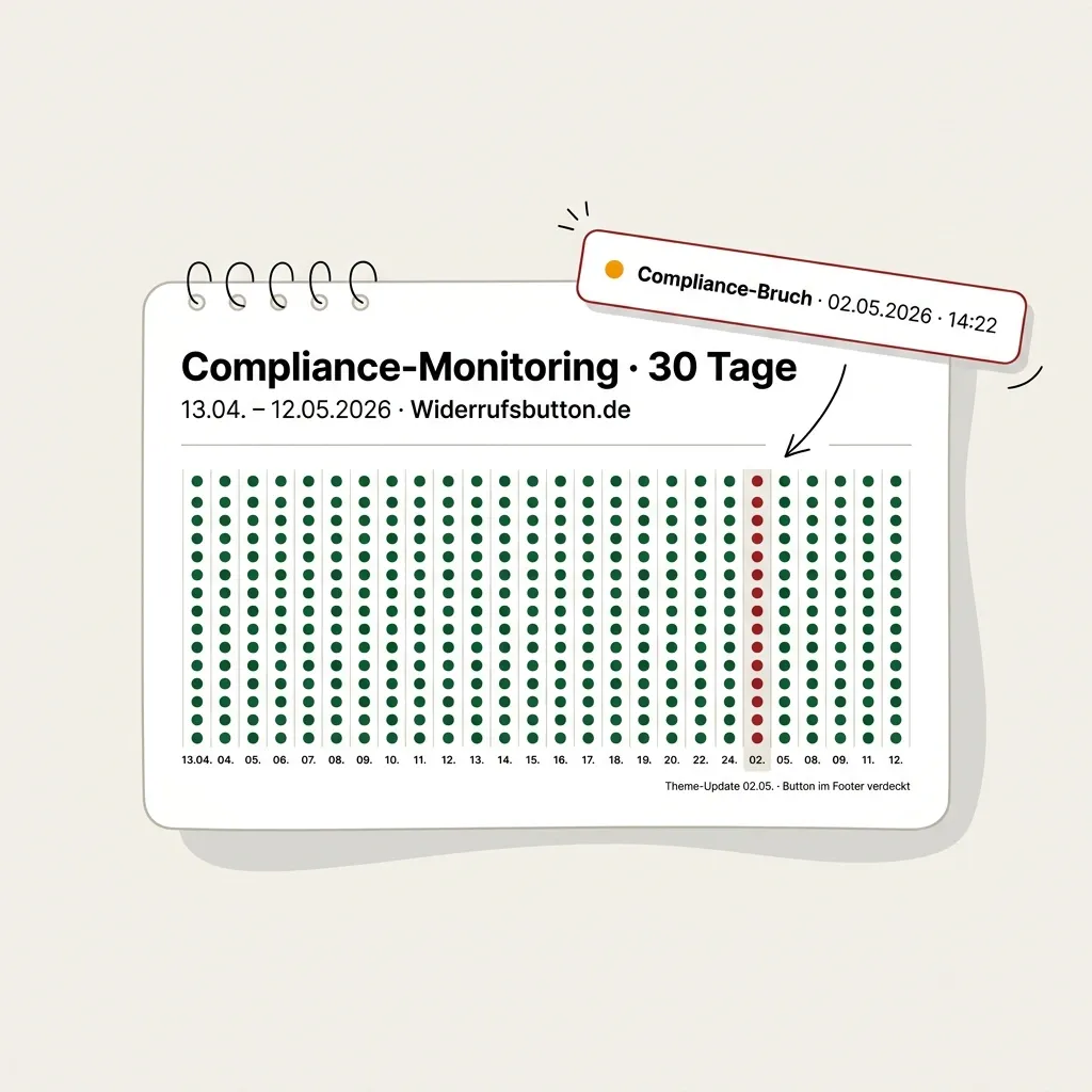 Compliance-Monitoring des Widerrufsbuttons nach § 312k BGB über 30 Tage mit Status-Verlauf.