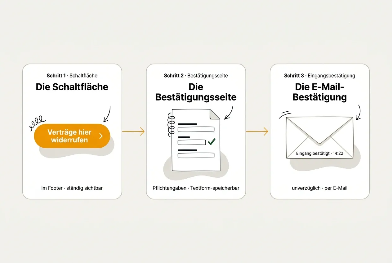 Die drei Pflichten: Schaltfläche, Bestätigungsseite, E-Mail — übertragen auf Shopify Theme, Checkout und Order-Confirmation.