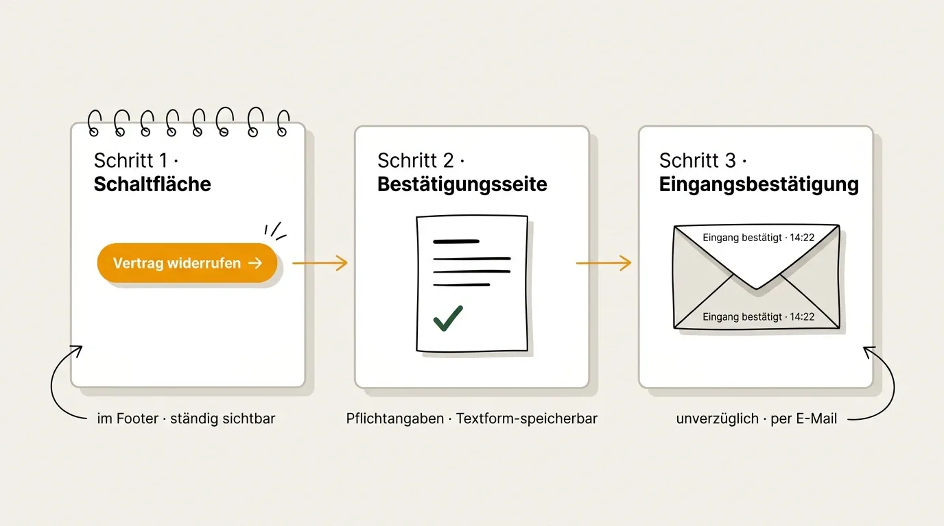 Die drei Pflichten aus § 356a BGB im Flow: Schaltfläche im Footer, Bestätigungsseite mit Pflichtangaben, E-Mail-Bestätigung mit Zeitstempel.