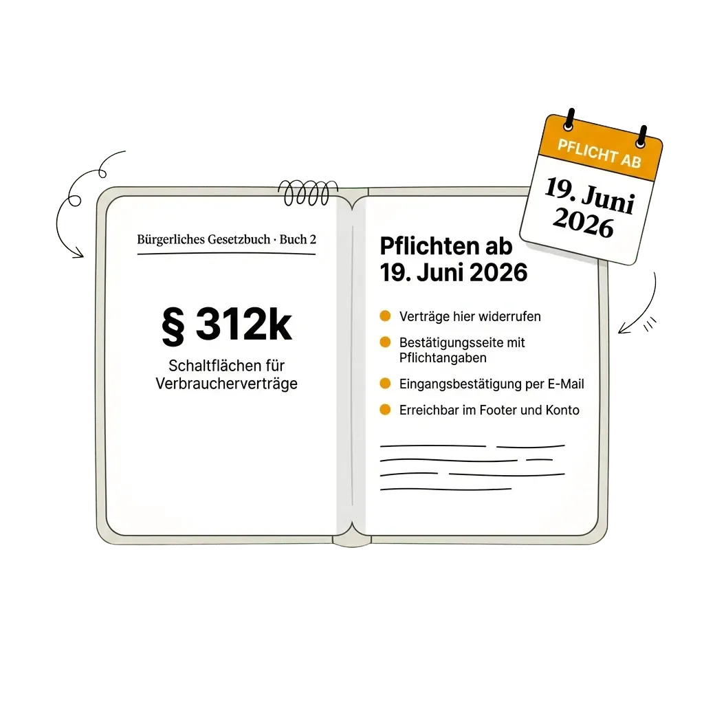 Kalenderblatt mit Stichtag 19. Juni 2026 und gedrucktem Compliance-Report — Widerrufsbutton 2026.