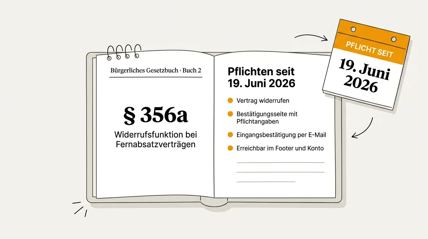 Illustration zum neuen Widerrufsbutton nach § 356a BGB — Pflicht seit 19. Juni 2026.