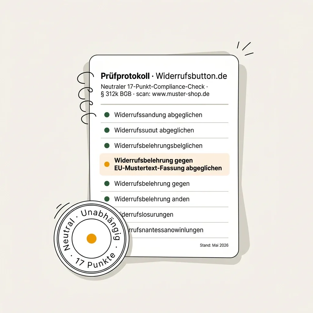 17-Punkt-Prüfprotokoll mit Ampel-Status pro Pflichtpunkt aus § 312k BGB.