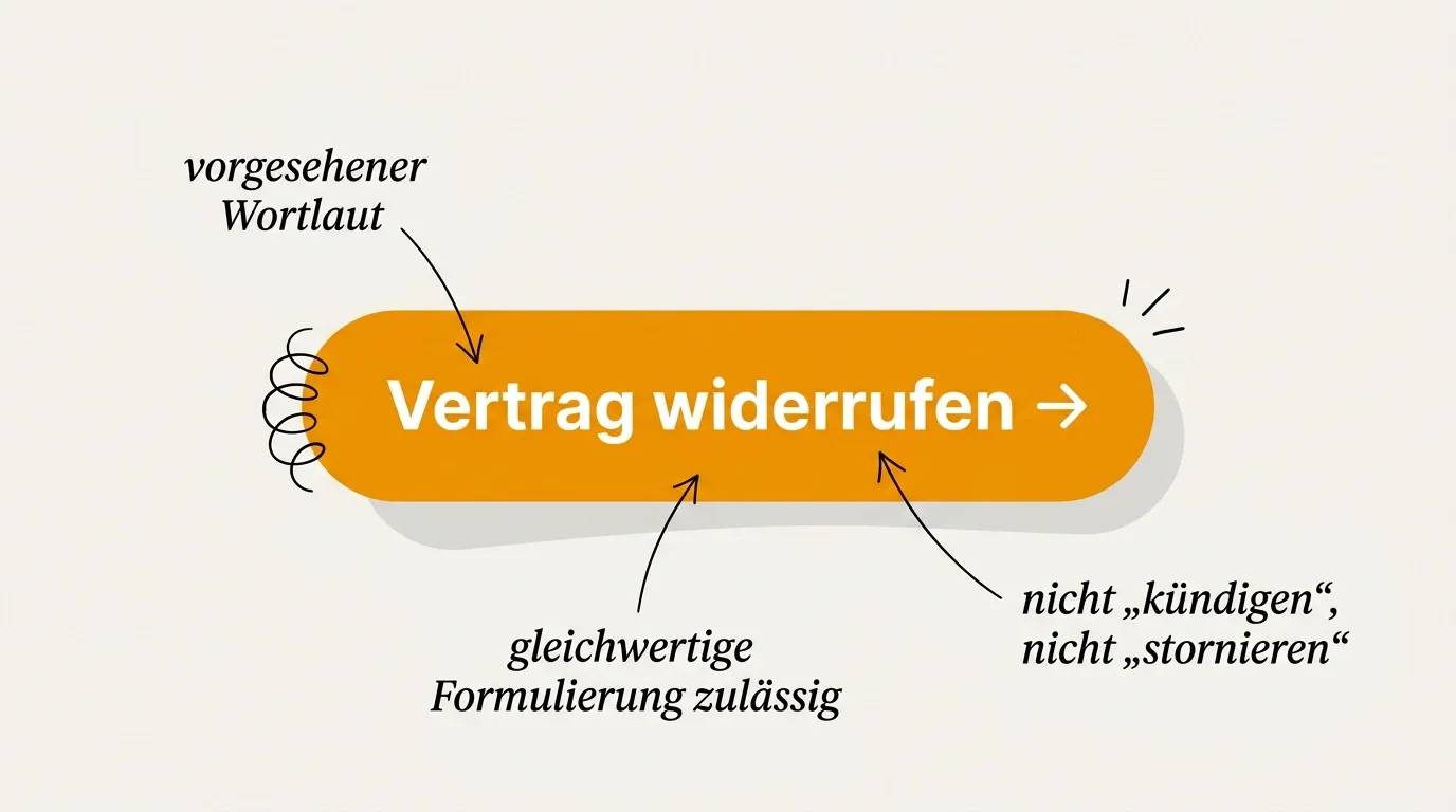 Großer orangefarbener Button mit dem Wortlaut „Vertrag widerrufen", umgeben von handschriftlichen Annotationen zu jedem Wort.