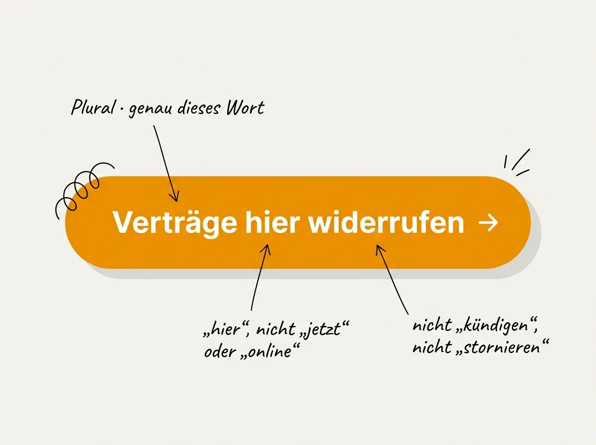 Pflicht-Wortlaut „Verträge hier widerrufen" auf einem großen Button — auch in Shopify exakt so verlangt.