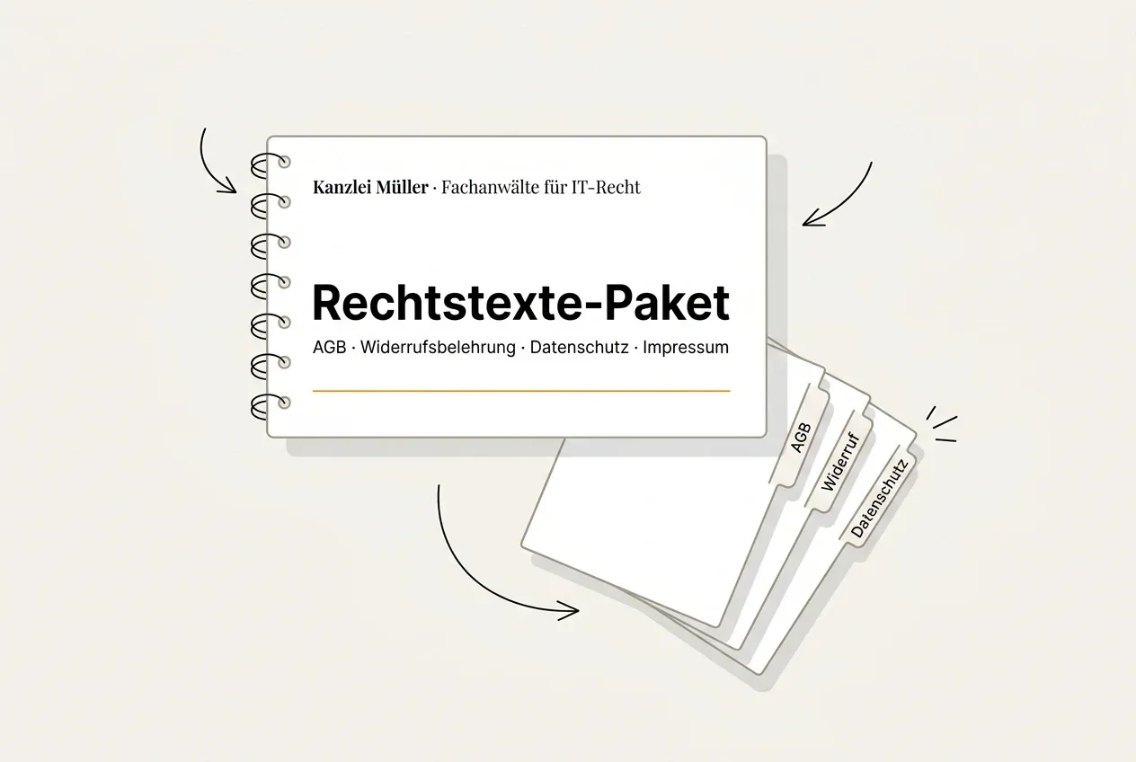 Rechtstexte-Paket für den Widerrufsbutton: AGB, Widerrufsbelehrung, Datenschutz und Impressum aus einer Hand.