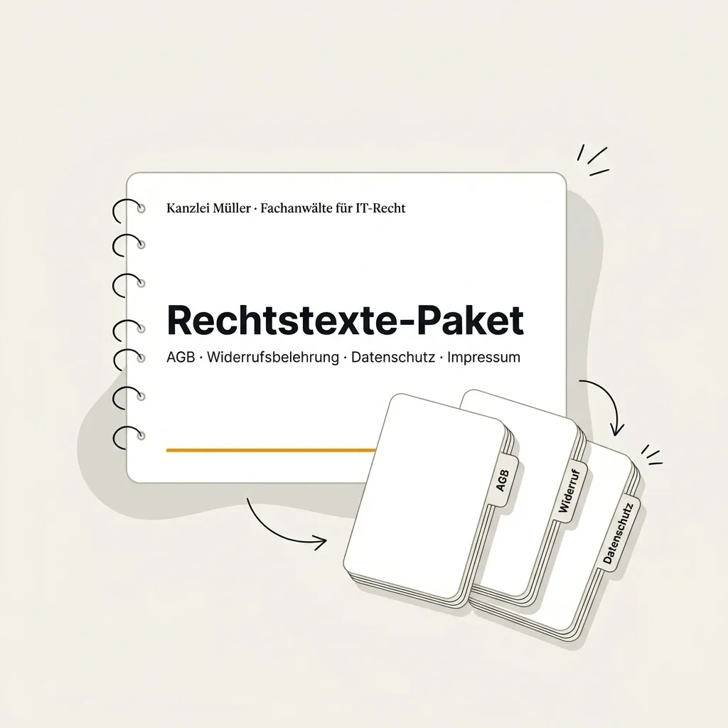 Rechtstexte-Paket für den Widerrufsbutton: AGB, Widerrufsbelehrung, Datenschutz und Impressum aus einer Hand.