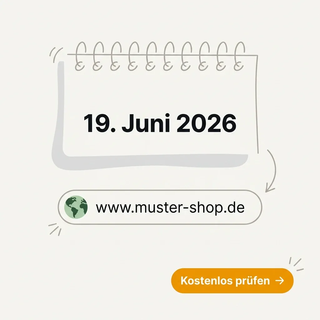 Shop-URL im Eingabefeld vor einem Kalenderblatt mit Stichtag 19. Juni 2026.