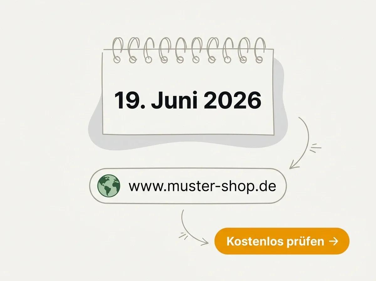 Shop-URL im Eingabefeld vor einem Kalenderblatt: Pflicht seit 19. Juni 2026.