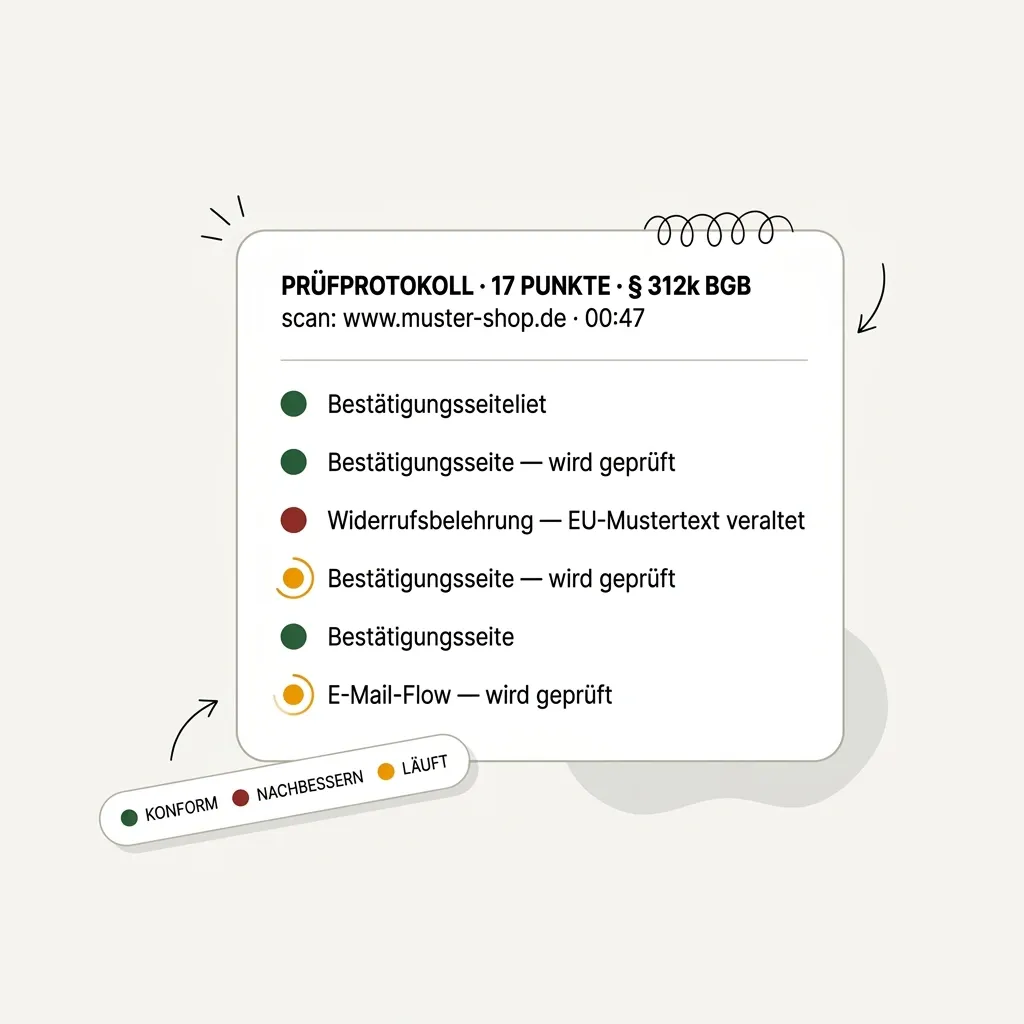Illustration: Prüfprotokoll mit Ampel-Status-Liste der Pflichtpunkte aus § 312k BGB.