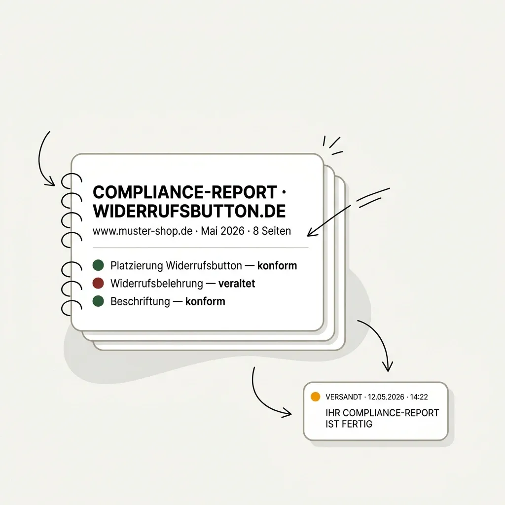 Illustration: Compliance-Report als mehrseitiges PDF mit Ampel-Status und Versand-Bestätigung.
