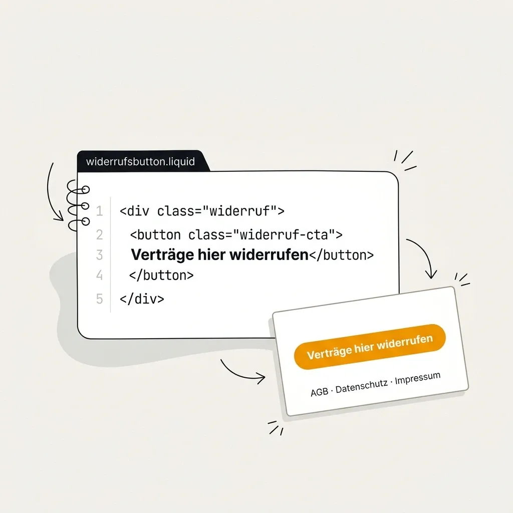 Code-Snippet zur Umsetzung des Widerrufsbuttons im Shop-Template mit dem Pflicht-Button Verträge hier widerrufen.