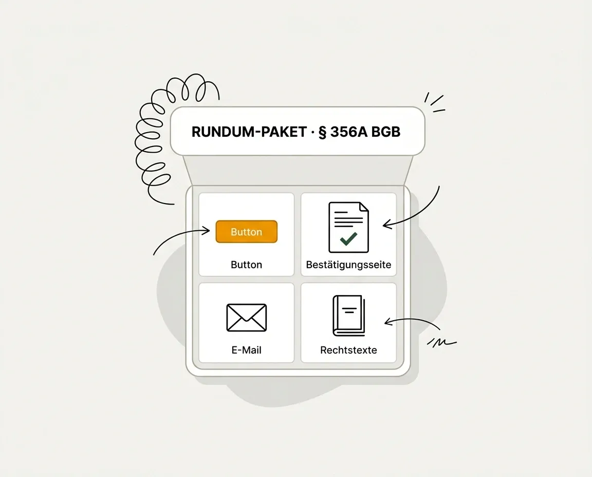 Rundum-Paket zur Widerrufsbutton-Umsetzung: Button, Bestätigungsseite, E-Mail-Bestätigung und Rechtstexte.