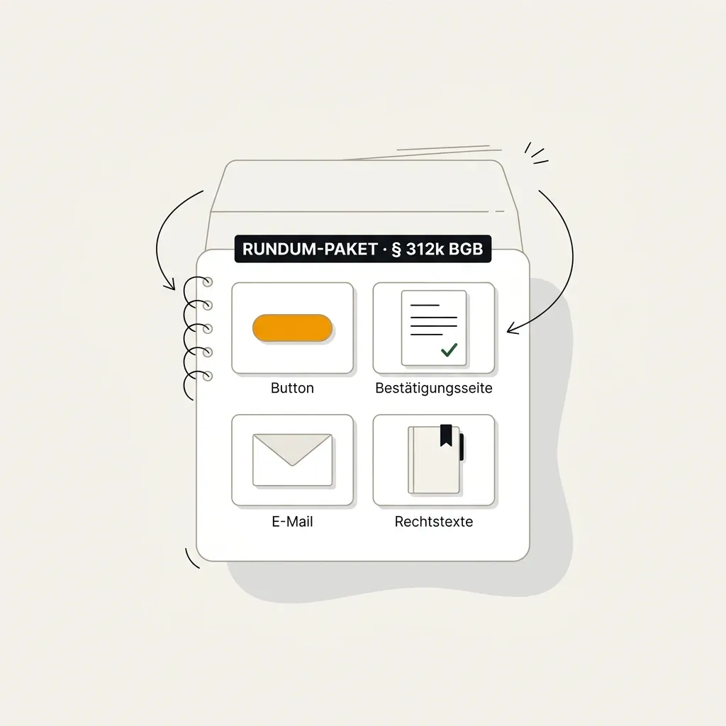 Rundum-Paket zur Widerrufsbutton-Umsetzung: Button, Bestätigungsseite, E-Mail-Bestätigung und Rechtstexte.