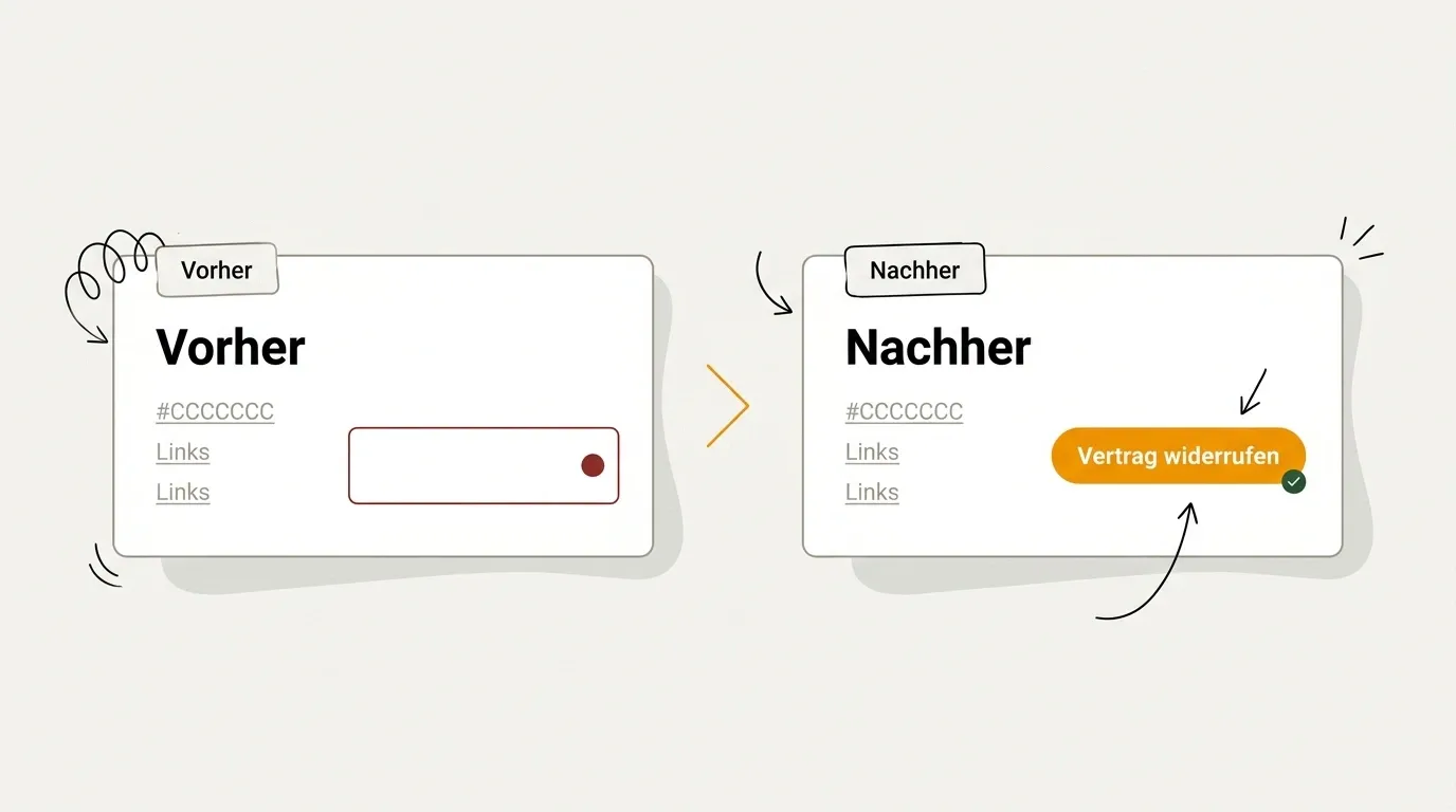 Shop-Footer vorher ohne und nachher mit konformem Widerrufsbutton nach § 356a BGB.